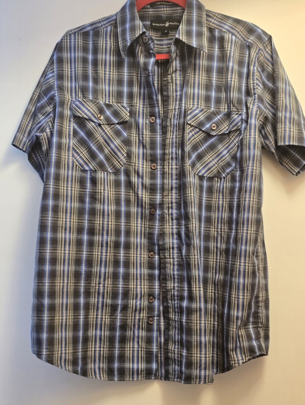 Beverly Hills Polo Club Blue Plaid Short Sleeve Button Down Shirt Size Medium